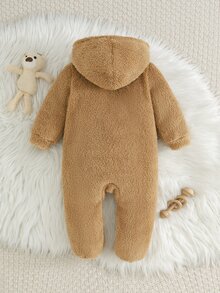 Cozy Pixies Baby Boy Cartoon Applique Animal Pattern Thermal Lined Thick Hooded Long Sleeve One-Piece Winter Jumpsuit - Khaki - View 2