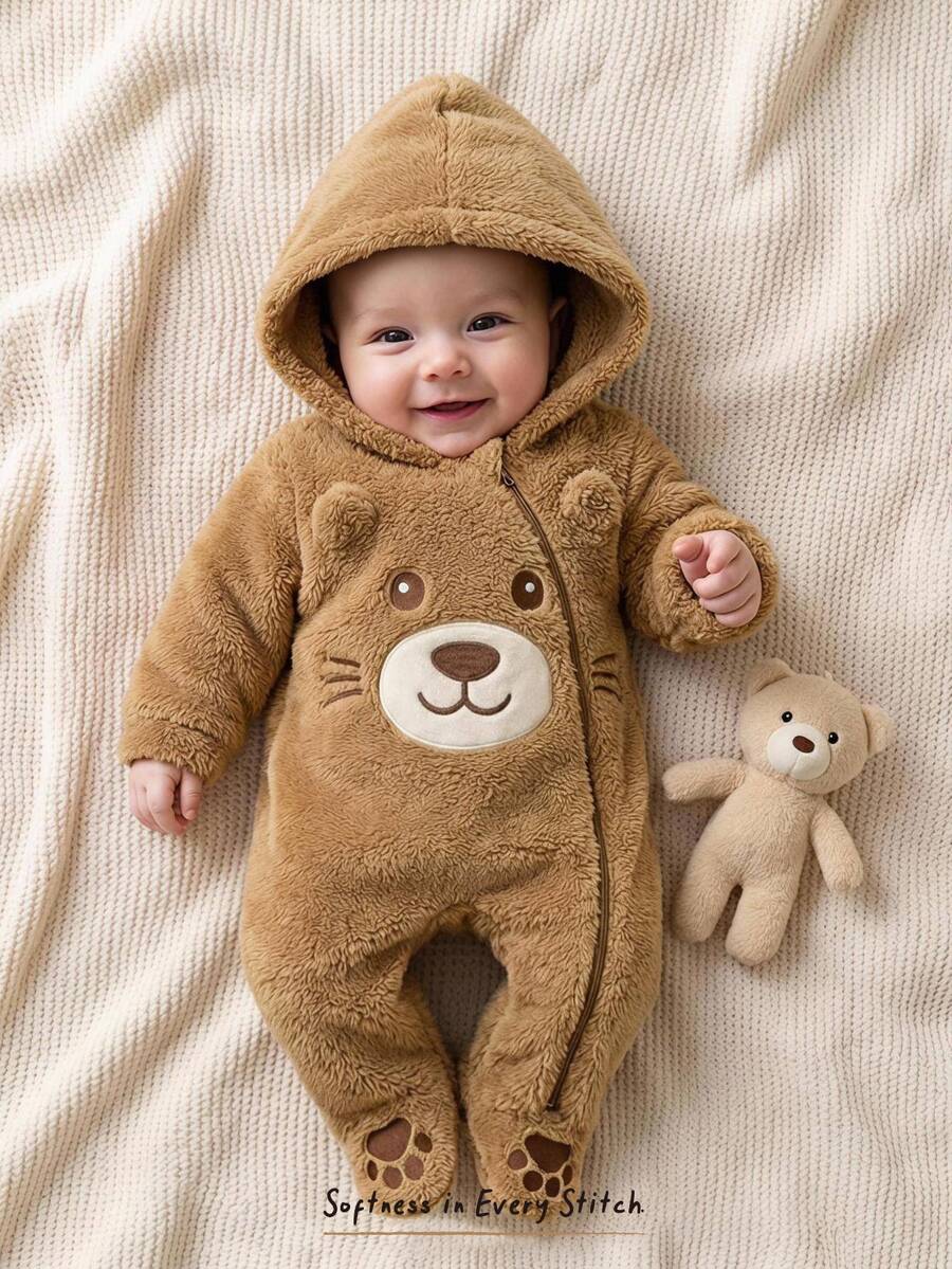 Cozy Pixies Baby Boy Cartoon Applique Animal Pattern Thermal Lined Thick Hooded Long Sleeve One-Piece Winter Jumpsuit - Khaki - View 1