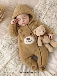 Cozy Pixies Baby Boy Cartoon Applique Animal Pattern Thermal Lined Thick Hooded Long Sleeve One-Piece Winter Jumpsuit - Khaki - View 3