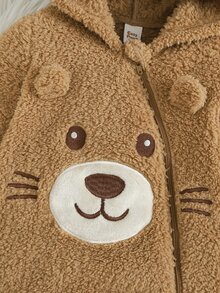Cozy Pixies Baby Boy Cartoon Applique Animal Pattern Thermal Lined Thick Hooded Long Sleeve One-Piece Winter Jumpsuit - Khaki - View 5
