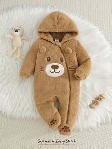 Cozy Pixies Baby Boy Cartoon Applique Animal Pattern Thermal Lined Thick Hooded Long Sleeve One-Piece Winter Jumpsuit - Khaki - View 10