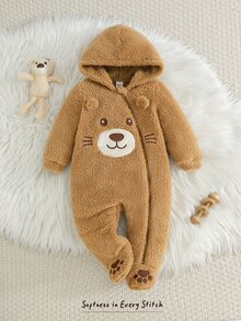 Cozy Pixies Baby Boy Cartoon Applique Animal Pattern Thermal Lined Thick Hooded Long Sleeve One-Piece Winter Jumpsuit - Khaki - View 4