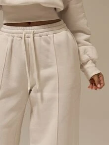 MUSERA ESSENTIALS Off White Front Pintuck Seam Drawstring Waistband Wide Leg Relaxed Fit Joggers Bottoms Basics Loungewear Casual Everyday Essentials Fall Autumn - Cream - View 5