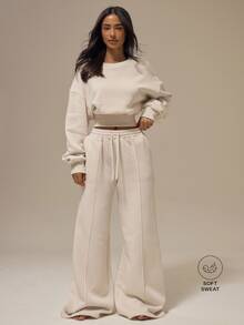 MUSERA ESSENTIALS Off White Front Pintuck Seam Drawstring Waistband Wide Leg Relaxed Fit Joggers Bottoms Basics Loungewear Casual Everyday Essentials Fall Autumn - Cream - View 1