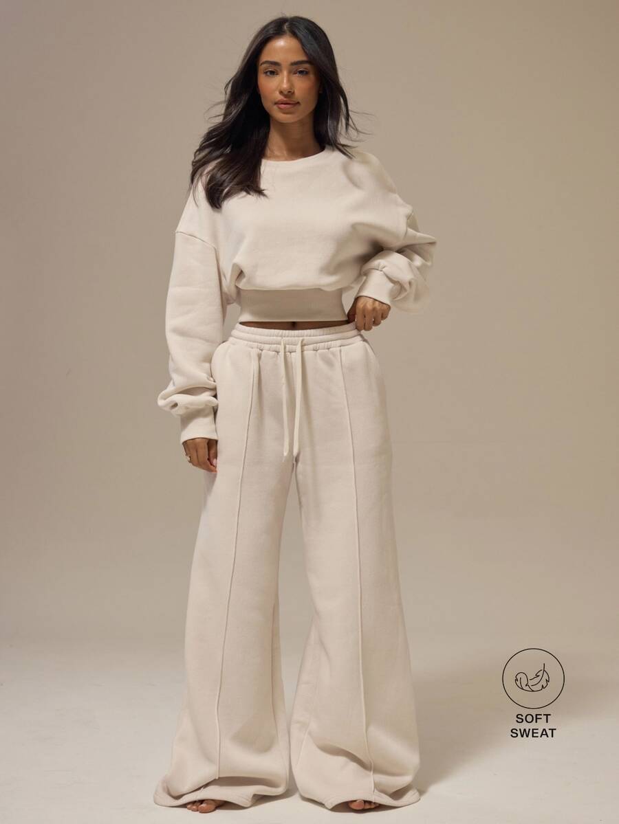 MUSERA ESSENTIALS Off White Front Pintuck Seam Drawstring Waistband Wide Leg Relaxed Fit Joggers Bottoms Basics Loungewear Casual Everyday Essentials Fall Autumn - Cream - View 1