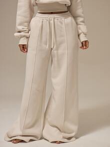 MUSERA ESSENTIALS Off White Front Pintuck Seam Drawstring Waistband Wide Leg Relaxed Fit Joggers Bottoms Basics Loungewear Casual Everyday Essentials Fall Autumn - Cream - View 2