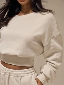 MUSERA ESSENTIALS Sweatshirt Crop Off White dengan Pinggang Bergaris Lebar dan Bahu Longgar, Pakaian Santai Dasar, Kebutuhan Sehari-hari untuk Musim Gugur - Krim - View 5