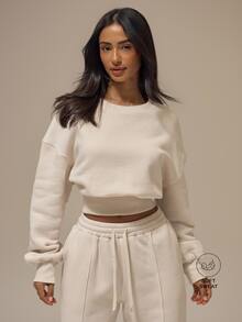 MUSERA ESSENTIALS Sweatshirt Crop Off White dengan Pinggang Bergaris Lebar dan Bahu Longgar, Pakaian Santai Dasar, Kebutuhan Sehari-hari untuk Musim Gugur - Krim - View 1