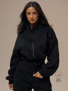 MUSERA ESSENTIALS Stand Collar Cinched Wide Ribbed Waist Double Ended Zip Up Jacket Basics Loungewear Casual Everyday Essentials Autumn Fall Winter - Black - View 1