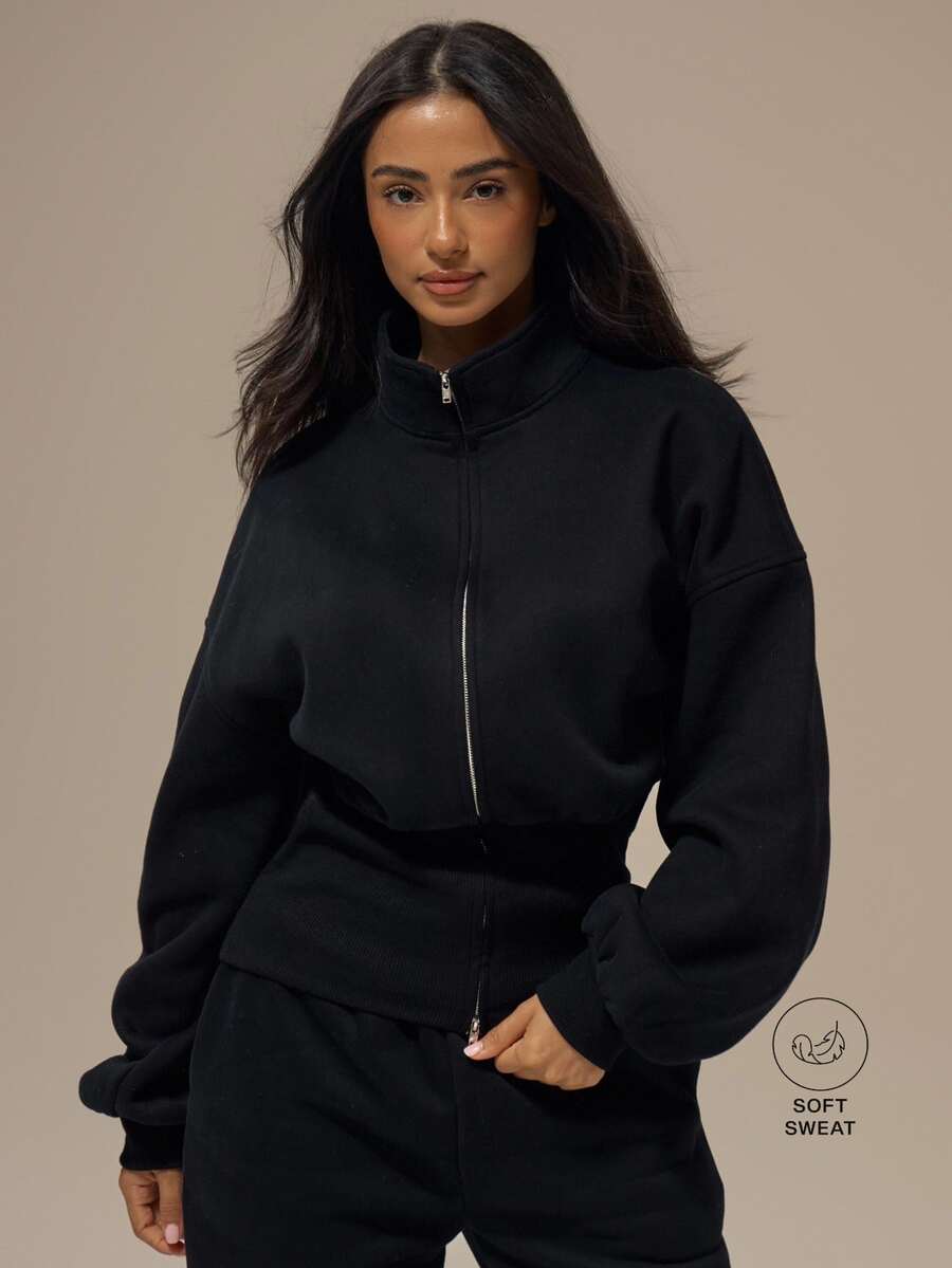 MUSERA ESSENTIALS Stand Collar Cinched Wide Ribbed Waist Double Ended Zip Up Jacket Basics Loungewear Casual Everyday Essentials Autumn Fall Winter - Black - View 1