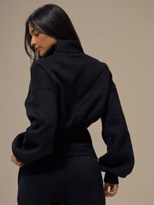 MUSERA ESSENTIALS Stand Collar Cinched Wide Ribbed Waist Double Ended Zip Up Jacket Basics Loungewear Casual Everyday Essentials Autumn Fall Winter - Black - View 4