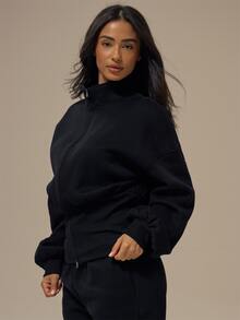 MUSERA ESSENTIALS Stand Collar Cinched Wide Ribbed Waist Double Ended Zip Up Jacket Basics Loungewear Casual Everyday Essentials Autumn Fall Winter - Black - View 3