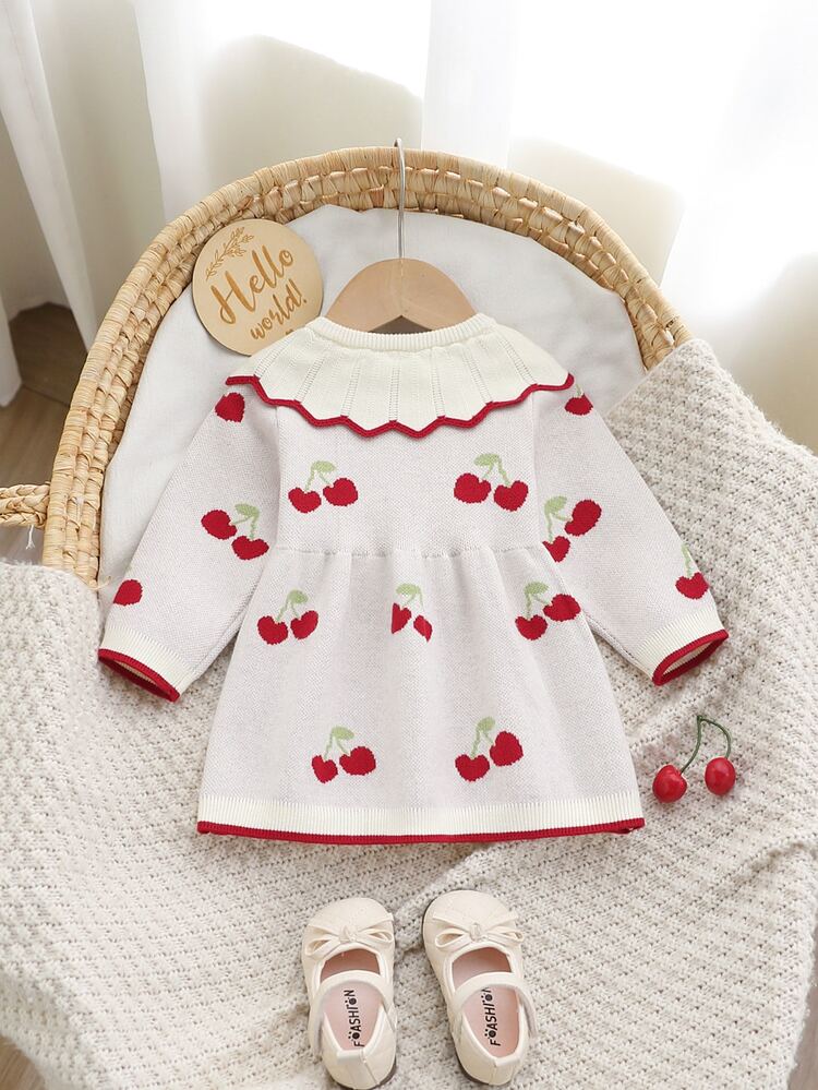 SHEIN Baby Girls' Sweater Dress, Cherry Pattern Big Lace‑Collared Versatile Knit Dress - Beige - View 2