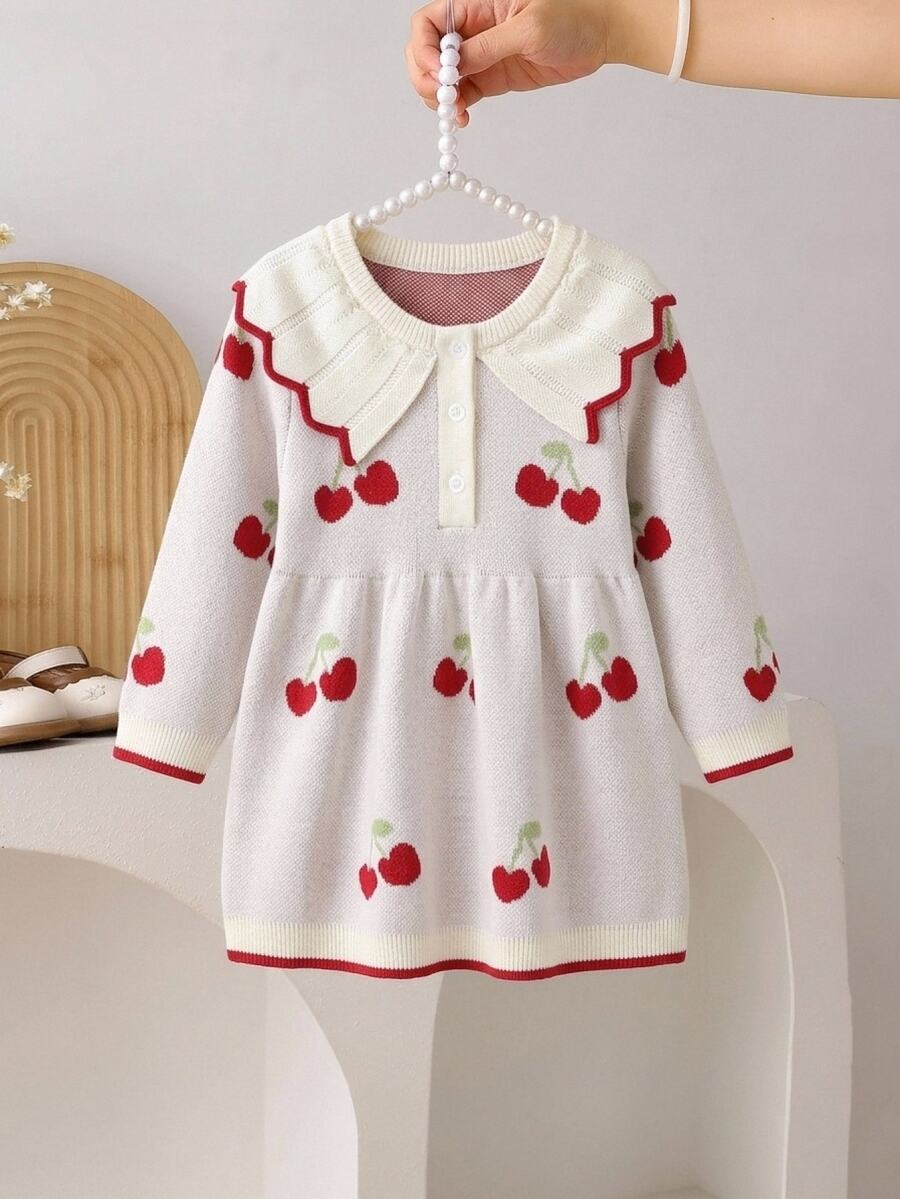 SHEIN Baby Girls' Sweater Dress, Cherry Pattern Big Lace‑Collared Versatile Knit Dress Autumn Winter - Beige - View 1
