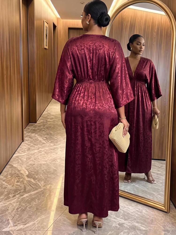 SHEIN Lady CURVE Plus Size Vintage Elegant Pleated Front Slit Dress Party Formal Burgundy Autumn - Burgundy - View 2