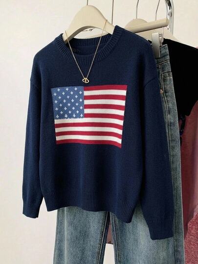 SHEIN Navy Blue American Flag Print Knit Sweater For Teen Girls,Autumn Y2k Loose Fit Long Sleeve Pullover,Independence Day Graduation Americana Sweatshirt