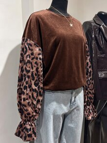 SHEIN LUNE Women's Spring/Autumn Basic Casual Leopard Print Patchwork Velvet Textured American Retro Hot Girl Style Round Neck Loose Ruffle Long Sleeve Sweatshirt - Multicolor - View 3