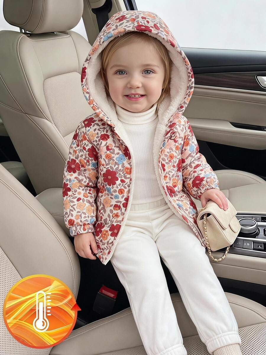 SHEIN 女嬰幼兒女童連帽夾克外套,甜美紅色花卉印花,羊羔絨內裡,長袖加厚毛茸茸,拉鍊開襟,適合冬季與秋季節日穿著 - 彩色 - 查看 1