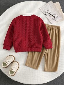 SHEIN 男嬰秋冬紅色紋理白色領口運動衫搭配棕色長褲，適合聖誕節、萬聖節、外出與假期 - 酒紅色 - 查看 2