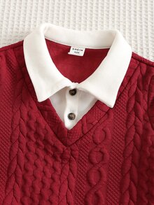 SHEIN 男嬰秋冬紅色紋理白色領口運動衫搭配棕色長褲，適合聖誕節、萬聖節、外出與假期 - 酒紅色 - 查看 4