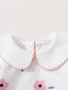 SHEIN 3件組女嬰衛衣長褲套裝，甜美可愛配色，粉色與淺粉色花卉印花，波浪飾邊，長袖彼得潘領，適合家庭秋季穿著 - 彩色 - 查看 5