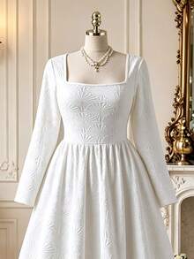Rometta Plus Size Women's Solid Color Square Neck Long Dress, Elegant French Y2K Style, Suitable For Dating, Vacation, And Party Occasions - White - View 4