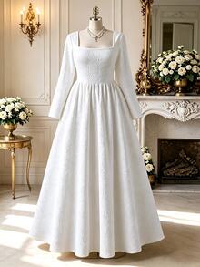 Rometta Plus Size Women's Solid Color Square Neck Long Dress, Elegant French Y2K Style, Suitable For Dating, Vacation, And Party Occasions - White - View 3
