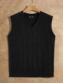 Mainfolk Men Cable Knit Sweater Vest, Vacation, Father's Day Gifts - Black - View 1