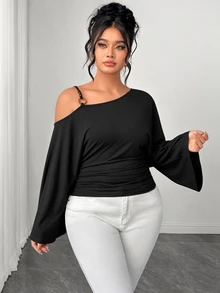 Elenzga Plus Size Women's Spring/Autumn Casual Minimalist Asymmetrical Neckline Camisole With Wood-Grain Decorative Buckle Design, Ruched Flare Long Sleeve T-Shirt - Black - View 3