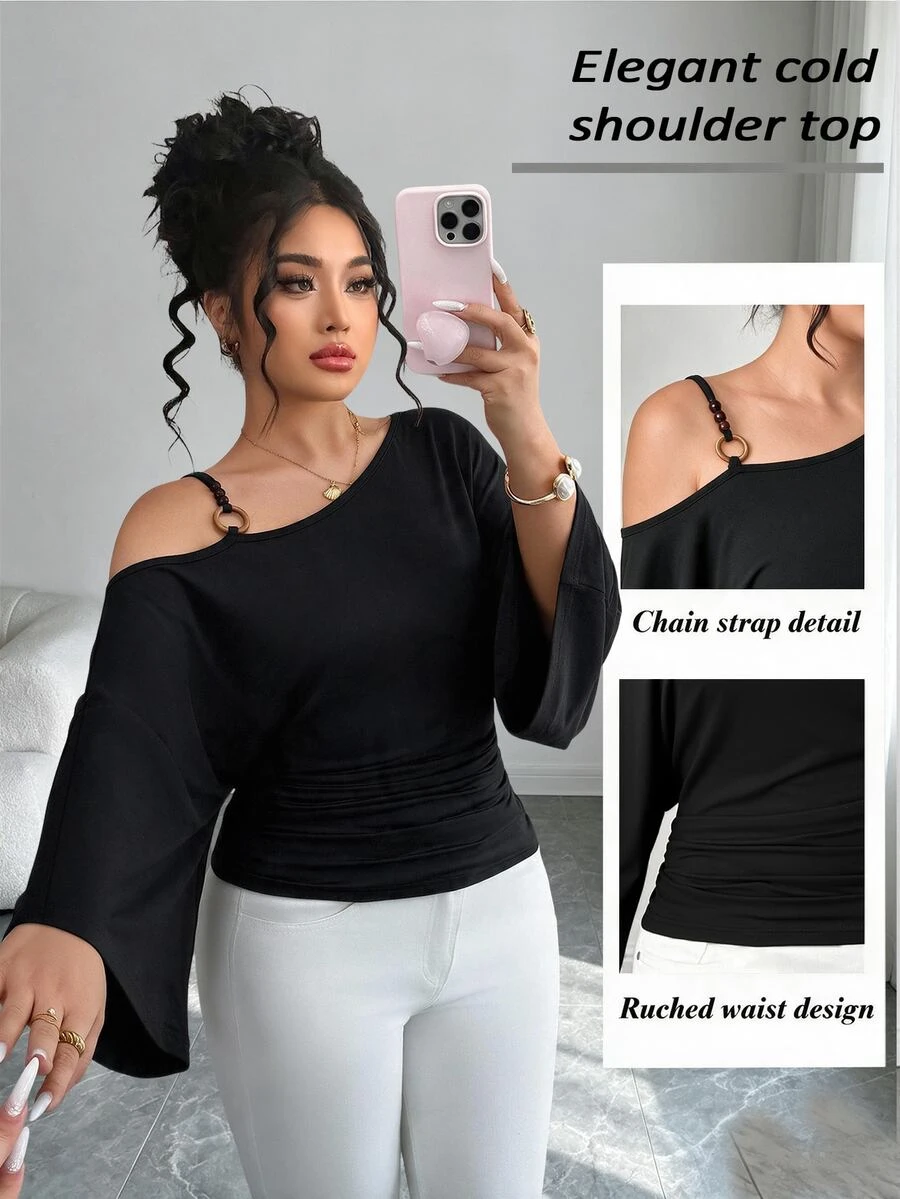 Elenzga Plus Size Women's Spring/Autumn Casual Minimalist Asymmetrical Neckline Camisole With Wood-Grain Decorative Buckle Design, Ruched Flare Long Sleeve T-Shirt - Black - View 1