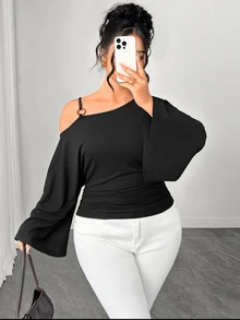 Elenzga Plus Size Women's Spring/Autumn Casual Minimalist Asymmetrical Neckline Camisole With Wood-Grain Decorative Buckle Design, Ruched Flare Long Sleeve T-Shirt - Black - View 4