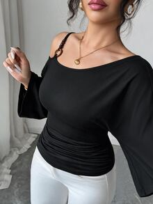 Elenzga Plus Size Women's Spring/Autumn Casual Minimalist Asymmetrical Neckline Camisole With Wood-Grain Decorative Buckle Design, Ruched Flare Long Sleeve T-Shirt - Black - View 6