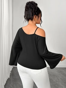Elenzga Plus Size Women's Spring/Autumn Casual Minimalist Asymmetrical Neckline Camisole With Wood-Grain Decorative Buckle Design, Ruched Flare Long Sleeve T-Shirt - Black - View 2