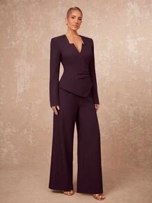 Lumalex Deep Plum Wrap Blazer With Notched Square Neck Asymmetric Front Ruched Waist Back Waist Tie Long Sleeves Tailored Suit Jacket Autumn Work Style - Burgundy - View 5