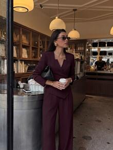 Lumalex Deep Plum Wrap Blazer With Notched Square Neck Asymmetric Front Ruched Waist Back Waist Tie Long Sleeves Tailored Suit Jacket Autumn Work Style - Burgundy - View 11