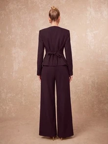 Lumalex Deep Plum Wrap Blazer With Notched Square Neck Asymmetric Front Ruched Waist Back Waist Tie Long Sleeves Tailored Suit Jacket Autumn Work Style - Burgundy - View 13