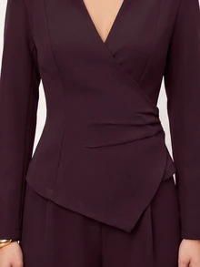 Lumalex Deep Plum Wrap Blazer With Notched Square Neck Asymmetric Front Ruched Waist Back Waist Tie Long Sleeves Tailored Suit Jacket Autumn Work Style - Burgundy - View 6