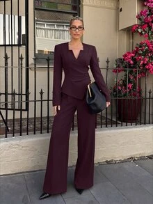 Lumalex Deep Plum Wrap Blazer With Notched Square Neck Asymmetric Front Ruched Waist Back Waist Tie Long Sleeves Tailored Suit Jacket Autumn Work Style - Burgundy - View 10