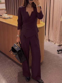 Lumalex Deep Plum Wrap Blazer With Notched Square Neck Asymmetric Front Ruched Waist Back Waist Tie Long Sleeves Tailored Suit Jacket Autumn Work Style - Burgundy - View 12