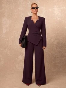 Lumalex Deep Plum Wrap Blazer With Notched Square Neck Asymmetric Front Ruched Waist Back Waist Tie Long Sleeves Tailored Suit Jacket Autumn Work Style - Burgundy - View 9