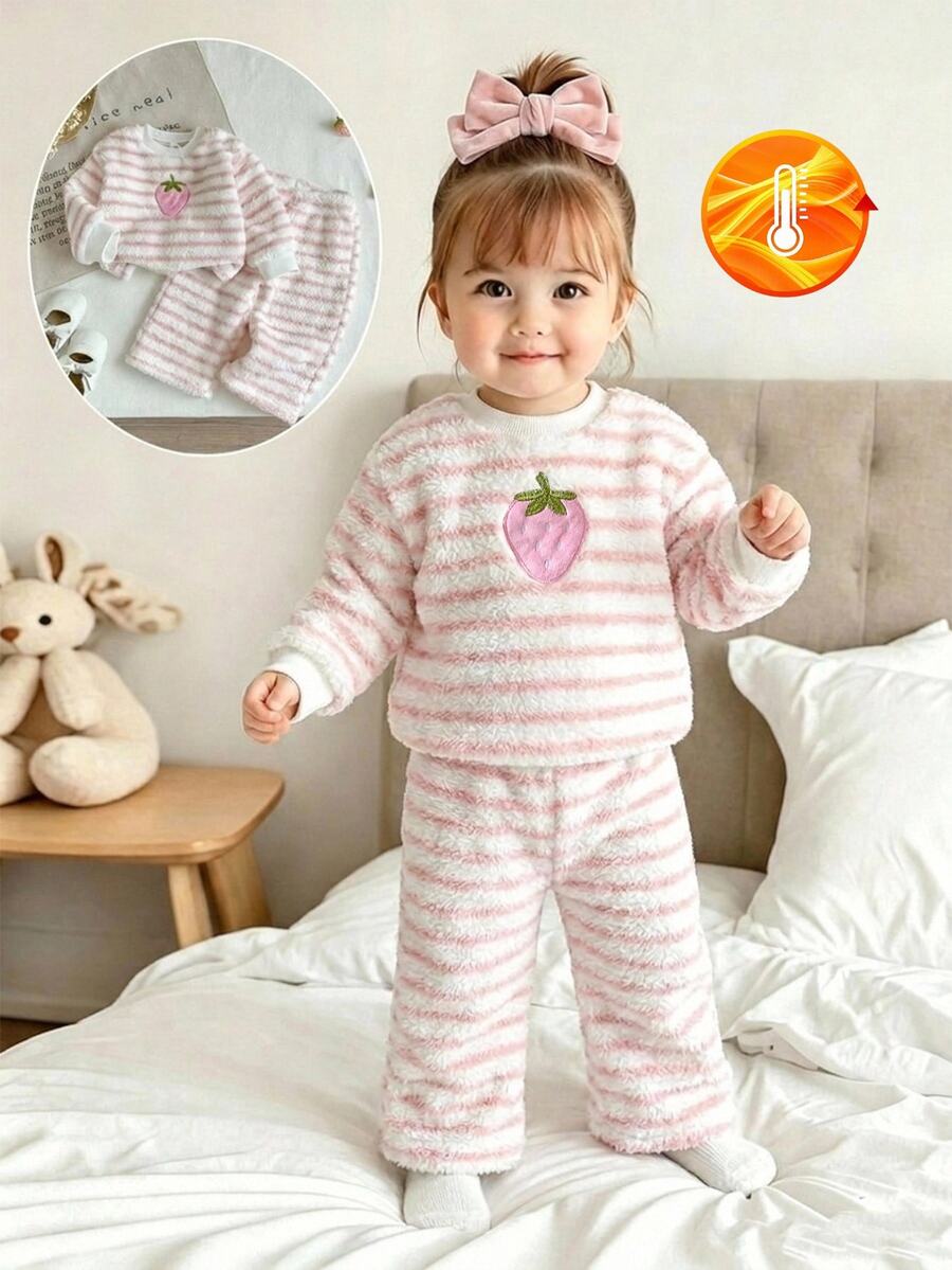 SHEIN 2件組幼童女童毛衣褲子套裝,可愛甜美粉白草莓條紋毛絨長袖圓領加厚冬季節日彈性款 - 粉色 - 查看 1