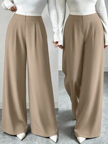 Elenzga Plus Size Women's Commuter Daily Versatile Colorblock Ruched Elastic Waist Low-Rise Wide Leg Long Pants With Pockets In Suit Fabric - Multicolor - View 7
