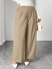 Elenzga Plus Size Women's Commuter Daily Versatile Colorblock Ruched Elastic Waist Low-Rise Wide Leg Long Pants With Pockets In Suit Fabric - Multicolor - View 5