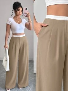 Elenzga Plus Size Women's Commuter Daily Versatile Colorblock Ruched Elastic Waist Low-Rise Wide Leg Long Pants With Pockets In Suit Fabric - Multicolor - View 1