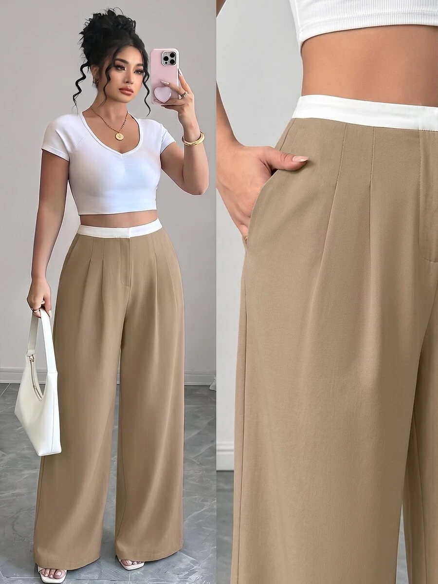 Elenzga Plus Size Women's Commuter Daily Versatile Colorblock Ruched Elastic Waist Low-Rise Wide Leg Long Pants With Pockets In Suit Fabric - Multicolor - View 1