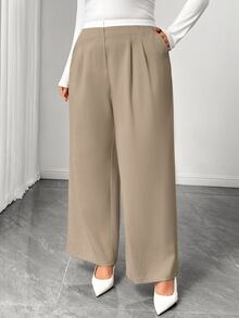 Elenzga Plus Size Women's Commuter Daily Versatile Colorblock Ruched Elastic Waist Low-Rise Wide Leg Long Pants With Pockets In Suit Fabric - Multicolor - View 3