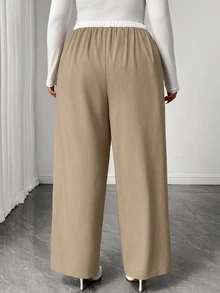 Elenzga Plus Size Women's Commuter Daily Versatile Colorblock Ruched Elastic Waist Low-Rise Wide Leg Long Pants With Pockets In Suit Fabric - Multicolor - View 2