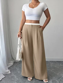 Elenzga Plus Size Women's Commuter Daily Versatile Colorblock Ruched Elastic Waist Low-Rise Wide Leg Long Pants With Pockets In Suit Fabric - Multicolor - View 6