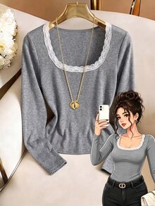 GlowEve CURVE Plus-Size Women's Autumn-Winter Fashion Casual Comfortable Everyday Basic Versatile Gray Collar Patchwork Lace Long-Sleeve Knitted T-Shirt. - Dark Grey - View 6