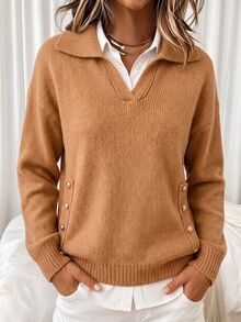 Holdful Holdful Pakaian Musim Gugur UNTUK Wanita: Sweater Lengan Panjang Kancing Bergaya Vintage untuk Wanita, Serbaguna - Rust Brown - View 1
